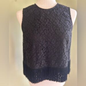 NWT Derek Lam 10 Crosby black lace sleeveless top. Bottom fringe. Size 6.